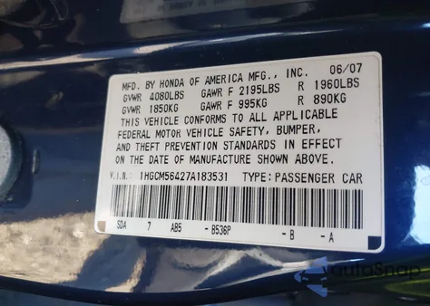 2007 Honda Accord 2.4 Lx из США, поврежденный, VIN 1HGCM56427A183531